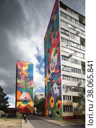 Карина, мурал на многоэтажном доме в Железнодорожном, цветок (2022 год). Редакционное фото, фотограф Дмитрий Неумоин / Фотобанк Лори