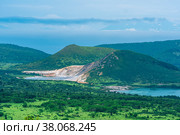 Landscape of Kunashir Island, geothermal lakes among lava domes in the center of Golovnin volcano caldera. Стоковое фото, фотограф Евгений Харитонов / Фотобанк Лори