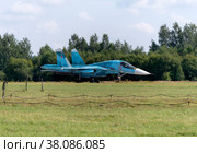 Moscow Russia Zhukovsky Airfield 31 August 2019: Demonstration of the latest Russian SU-34 fighterof the international aerospace salon MAKS-2019. Стоковое фото, фотограф Фотограф / Фотобанк Лори