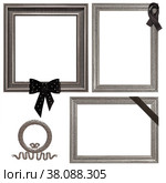 Set of frames with black mourning ribbon for paintings, mirrors or photo isolated on white background. Стоковое фото, фотограф Елена  Попкова / Фотобанк Лори