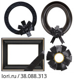Set of frames with black mourning ribbon for paintings, mirrors or photo isolated on white background. Стоковое фото, фотограф Елена  Попкова / Фотобанк Лори