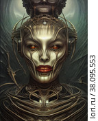 Creepy female monster robot with pumpkin. Halloween AI generated illustration. Стоковое AI-изображение, AI-художник Сергей Старуш / Фотобанк Лори