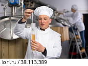 Brewery owner checking alcoholic content in beer with hydrometer. Стоковое фото, фотограф Яков Филимонов / Фотобанк Лори