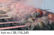 Close-up of lumpy kebab with tomato and ground kebab is grilled on the grill. Стоковое видео, видеограф Aleksey Kidisyuk / Фотобанк Лори