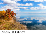 Beautiful autumn landscape of Baikal Lake. View from Cape Shamansky to bay with reflection of clouds in blue calm water. Red rowan bushes on shore at sunny day. Nature background. Travel and outdoors. Стоковое фото, фотограф Виктория Катьянова / Фотобанк Лори