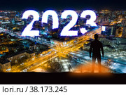 Business man on future night city. New Year 2023 (2021 год). Стоковое фото, фотограф Евгений Ткачёв / Фотобанк Лори
