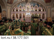 Епископ Балашихинский и Орехово-Зуевский Николай служит литургию в день нахождения мощей преподобного Сергия Радонежского в Савинском храме (2022 год). Редакционное фото, фотограф Дмитрий Неумоин / Фотобанк Лори