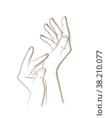 Two female hands in realistic gesture of stroking, rubbing and applying to skin moisturizing cream. Hand skin care to prolong health, beauty and youth. Skin care, nutrition and protection. Sketch. Две женские руки в реалистичном жесте поглаживания, растирания и нанесения на кожу увлажняющего крема. Уход за кожей рук для продления здоровья, красоты и молодости. Уход за кожей, питание и защита. Эскиз. Стоковая иллюстрация, иллюстратор Dmitry Domashenko / Фотобанк Лори
