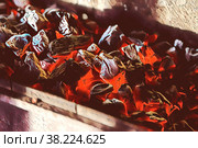 Hot coals. Coal combustion. Close-up of red-hot coals blazing on grill. Close up. View from top. Dark background for creative process. Barbecue process. Home cooking. Copyright space for site. Стоковая иллюстрация, иллюстратор Aleksandr Golubev / Фотобанк Лори