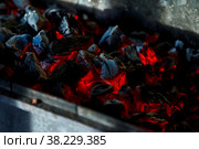 Hot coals. Coal combustion. Close-up of red-hot coals blazing on grill. Close up. View from top. Dark background for creative process. Barbecue process. Home cooking. Стоковое фото, фотограф Aleksandr Golubev / Фотобанк Лори