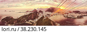 Illustration. Panorama of Rio de Janeiro, bird's-eye View of Rio de Janeiro at sunset, beautiful view from Sugarloaf mountain, Brazil, South America. Стоковая иллюстрация, иллюстратор Aleksandr Golubev / Фотобанк Лори