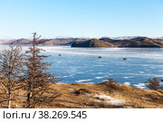 Winter Baikal Lake. View from coastal hills to frozen Kurkut Bay on cold January day. All-terrain vehicles on hovercraft Hivus transport tourists to Olkhon Island. Natural background. Concept of ice travels. Стоковое фото, фотограф Виктория Катьянова / Фотобанк Лори