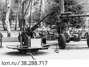 A little boy plays in the park with an anti-aircraft gun black and white photo. Стоковое фото, фотограф Андрей С / Фотобанк Лори