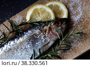 Salted Sea Danube herring with rosemary sprigs, lemon and coarse sea salt. food. Стоковое фото, фотограф Ирина Кротова / Фотобанк Лори