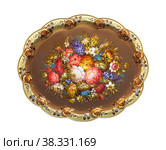 Zhostovo painting, old Russian folk handicraft of painting on metal trays. On white background isolated. Стоковое фото, фотограф Наталья Волкова / Фотобанк Лори