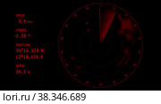 Red ray running on the screen of the sea radar, data on display. Animation. Стоковая анимация, аниматор Chudakov_Ivan / Фотобанк Лори