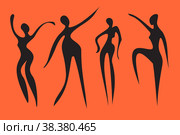Abstract disproportionate black silhouettes of ladies drawn in primitive manner on orange background. Aliens. Стоковая иллюстрация, иллюстратор Вера Беркович / Фотобанк Лори