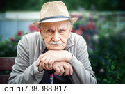 sad, angry old man with a hat is sitting in an open-air garden. concept of loneliness and lonely old age. Стоковое фото, фотограф Оксана Медведева / Фотобанк Лори