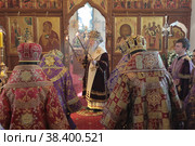 Литургия в Великий четверг в Бобреневом монастыре Коломны, митрополит Ювеналий (2018 год). Редакционное фото, фотограф Дмитрий Неумоин / Фотобанк Лори