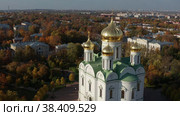 Город Пушкин. Собор святой великомученицы Екатерины. Вид с воздуха. The city of Pushkin. Cathedral of St. Catherine the Great Martyr. Aerial view. (2021 год). Стоковое видео, видеограф Евгений Романов / Фотобанк Лори