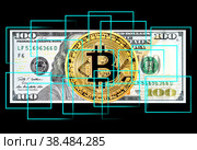 Block chain and computer connection with golden Bitcoin and american dollar. Стоковое фото, фотограф FotograFF / Фотобанк Лори