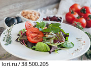 Salad for the correction of the weight of the leaves of Lollo Rosso lettuce, watercress salad and other green herbs with tomatoes, olives and phytacs. Стоковое фото, фотограф Оксана Медведева / Фотобанк Лори