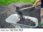 unidentified man pours gravel into a wheelbarrow. as part of a construction project, a man is transporting rubble on a hand wheelbarrow. Paving the road with gravel. Стоковое фото, фотограф Оксана Медведева / Фотобанк Лори