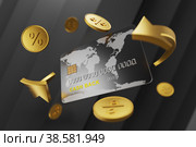 Money back concept. Cashback. The arrows revolve around the debit card on the inscription cashback. 3d render. Стоковая иллюстрация, иллюстратор Alexander / Фотобанк Лори