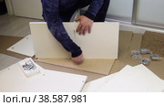 A man connects the panels with a euro screw. Wooden modular rack. Assembling a modular rack. Overall plan. Стоковое видео, видеограф Vadzim Yakubovich / Фотобанк Лори