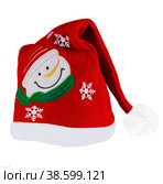 A red hat with a snowman and snowflakes. Christmas. New Year's decor, isolated. (2022 год). Редакционное фото, фотограф Светлана Качанова / Фотобанк Лори