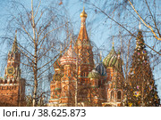 Вид на купола храма Василия Блаженного, Спасскую башню Московского кремля и новогоднюю ёлку со стороны парка "Зарядье" в центре города Москвы, Россия (2023 год). Редакционное фото, фотограф Николай Винокуров / Фотобанк Лори