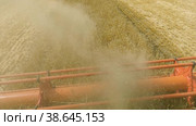 Поволжье, страда. Комбайн убирает пшеницу. Вид из кабины комбайна. Volga region, harvest season. Combine harvest wheat. View from the cab of the combine. Стоковое видео, видеограф Евгений Романов / Фотобанк Лори