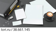 Mockup двух листовок, визитных карточек и брошюр формата а5 на черном кожаном фоне с чашкой кофе. Для презентаций и портфолио графических дизайнеров. Стоковая иллюстрация, иллюстратор Юлия Мелешина / Фотобанк Лори