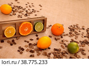 Citrus traffic light. Abstract fruit still life. Lemon, lime, mandarin. Стоковое фото, фотограф Татьяна Бакуменко / Фотобанк Лори