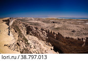 Panorama view to Aral sea from the rim of Plateau Ustyurt near Duana cape , Karakalpakstan, Uzbekistan (2017 год). Стоковое фото, фотограф Сергей Майоров / Фотобанк Лори