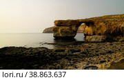 Sea view to Azure window natural arch, now vanished, Gozo island, Malta (2016 год). Стоковое фото, фотограф Сергей Майоров / Фотобанк Лори