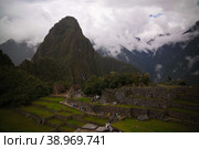 Aerial Panoramic view to Machu Picchu archaeological site and Huayna Picchu mountain , Cuzco, Peru (2018 год). Стоковое фото, фотограф Сергей Майоров / Фотобанк Лори