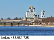 Россия. Псков. Вид на Псковский Кремль и Троицкий собор с реки Великая (2019 год). Стоковое фото, фотограф Александр Тарасенков / Фотобанк Лори