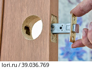 Locksmith installs doorknob with latch on wooden interior door. Стоковое фото, фотограф Владимир Григорьев / Фотобанк Лори