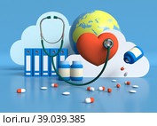 Кардиологическое обследование. Стетоскоп прослушивает ритм сердца в окружении мировых лекарств. Гипертония, гипотензия. Стоковая иллюстрация, иллюстратор Юлия Мелешина / Фотобанк Лори