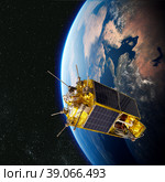 Modern scientific and educational space satellite at the orbit. Стоковая иллюстрация, иллюстратор Александр Володин / Фотобанк Лори