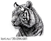 Морда тигра гравюра на белом фоне. Стоковое AI-изображение, AI-художник Елена Ананьева / Фотобанк Лори