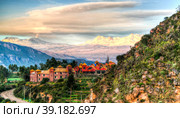 Aerial sunrise panoramic view to Colca river and Sabancaya mountain, Chivay, Peru (2018 год). Стоковое фото, фотограф Сергей Майоров / Фотобанк Лори