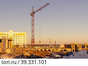 On a spring evening, a tower crane builds buildings on the outskirts of the city. Стоковое фото, фотограф Дмитрий Коростылев / Фотобанк Лори