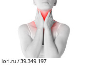 Sore throat, woman with pain in neck, isolated on white background. Стоковое фото, фотограф Станислав Тарко / Фотобанк Лори