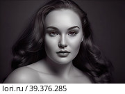 Black and white portrait of a young white woman who exudes confidence and grace. Her curvaceous figure is accentuated by her posture and the way she carries herself. She looks directly at the camera. Стоковое AI-изображение, AI-художник Владимир Разгуляев / Фотобанк Лори
