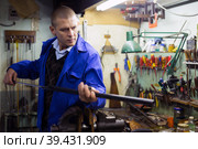 Confident gunsmith lubricates and cleans barrel of rifled shotgun. Стоковое фото, фотограф Яков Филимонов / Фотобанк Лори