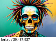 Painted human skull with colorful dreads, flowers and paint spashes, AI generated. Стоковое AI-изображение, AI-художник Сергей Старуш / Фотобанк Лори