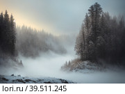 Beautiful frozen northern landscape at sunset during bliszard, AI generated. Стоковое AI-изображение, AI-художник Сергей Старуш / Фотобанк Лори