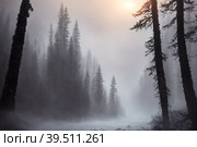 Beautiful frozen northern landscape with lonely person silhouette at sunset during bliszard, AI generated. Стоковое AI-изображение, AI-художник Сергей Старуш / Фотобанк Лори